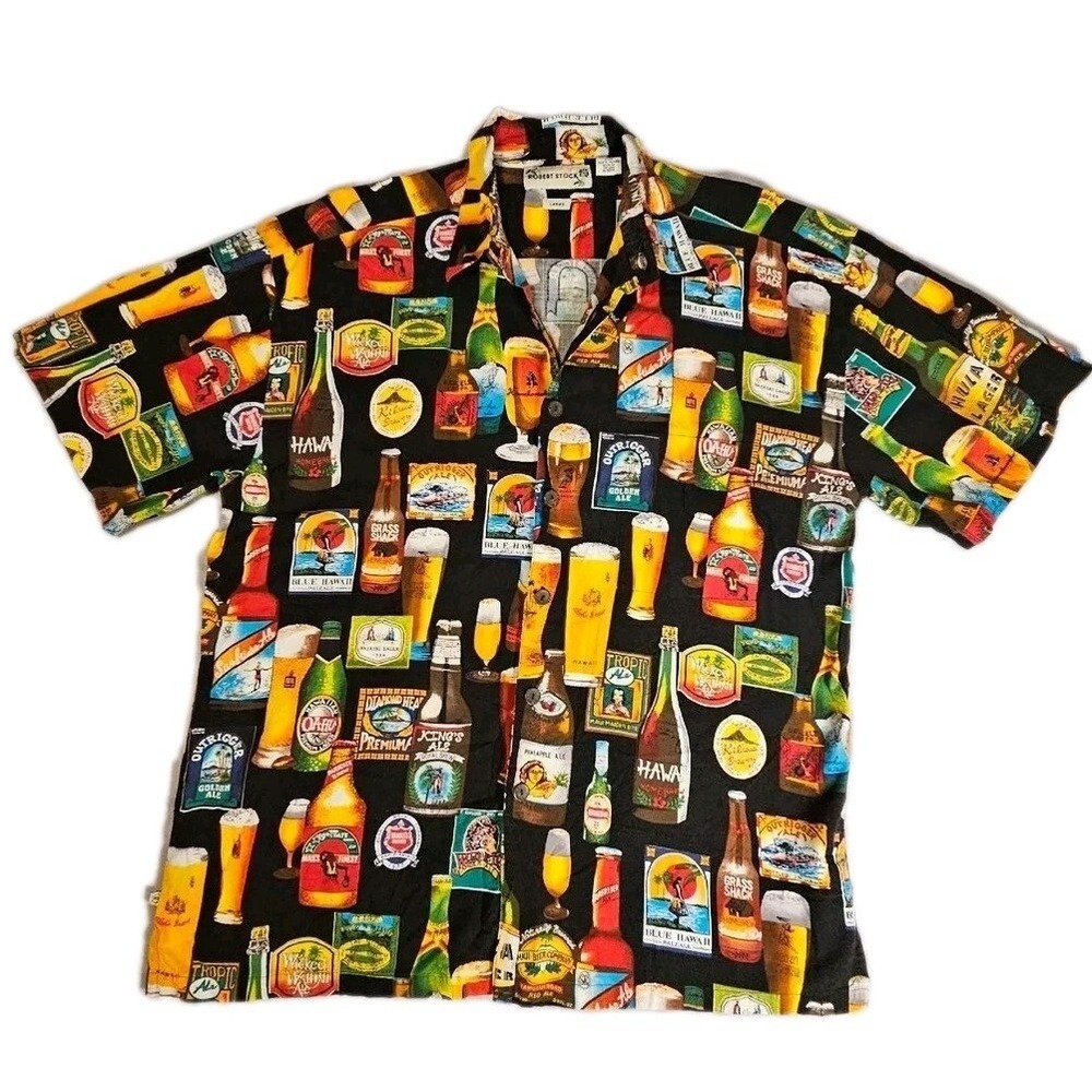 Vintage Robert Stock Hawaiian Logger Beer Print Shirt Mens Size Large